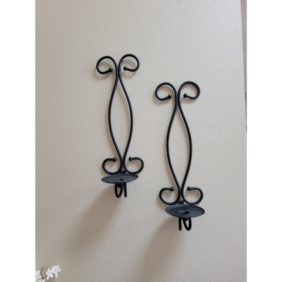 2 Vintage Wall Sconce Candle Holders, Large Black Wrought Iron Metal - Picture 1 of 4